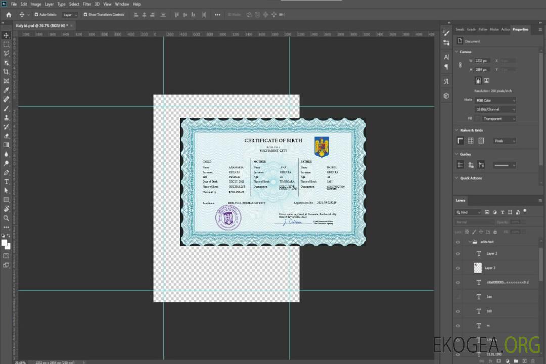 Modèle PSD de certificat de naissance d'état civil de Roumanie template